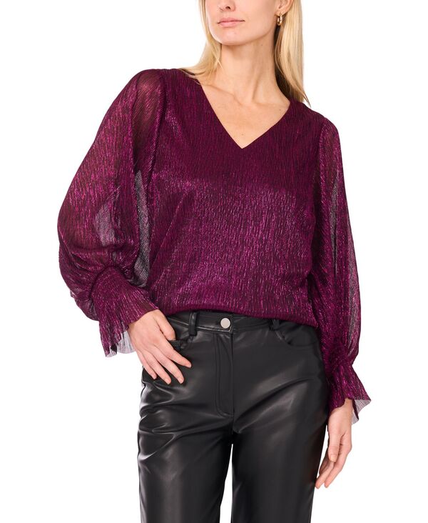 ヴィンスカムート レディース トップス シャツ Vネック トール シアー Vince Camuto Women's Metallic V-Neck Sheer-Sleeve Top XXS-3X Rich Purple パープル