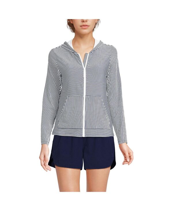 ランズ挙げ句のはて レディース アウター パーカー・スウェット Lands\u0027 End Women\u0027sunShade UPF 50 Long Sleeve Hooded Full Zip Rash Guardeep sea navy mini stripe 米国海軍