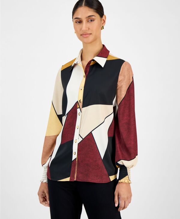 ティー・タハリ レディース トップス シャツ プリント Tahari Women's Printed Blouson-Sleeve Shirt Sueded Blocks