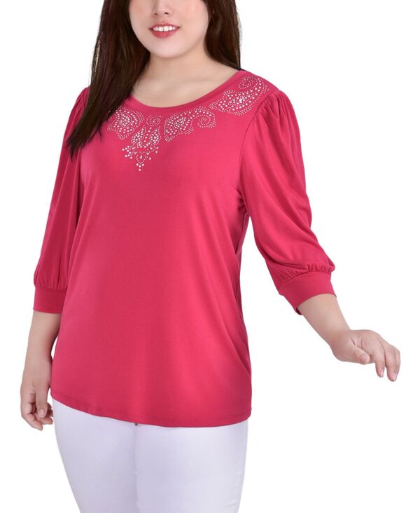 ニューヨークコレクション レディース トップス シャツ プラスサイズ NY Collection Plusize 3/4 Sleeve Stone Detail Top Granita ストーン