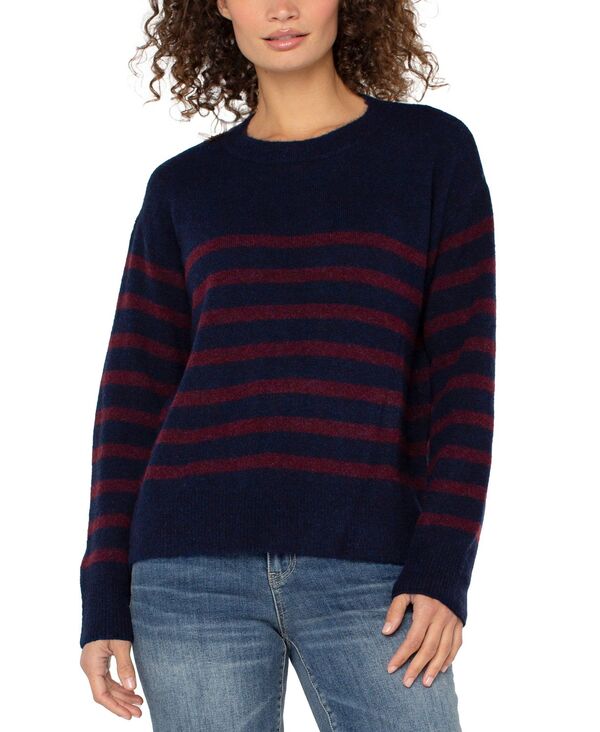 リヴァプール ロサンゼルス レディース アウター ニット・セーター クルーネック プチ Liverpoolos Angeles Petite Long Sleeve Crew Neck Sweater Burgundy Navy Stripe ネイビー