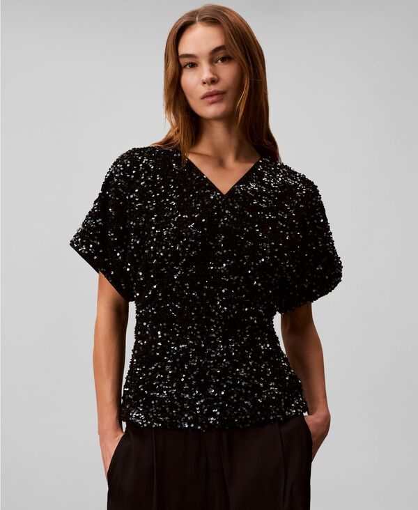 カルバンクライン レディース トップス シャツ Vネック スパンコール Calvin Klein Women's V-Neck Sequin Top Coal