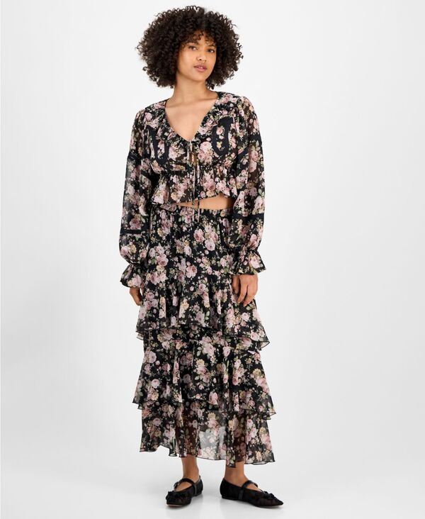 アンドノウディス レディース ボトムスカート ティアード フリル ミディ And Now This Women's Tiered Ruffle Midi Skirt PXXS-XXL Black Floral ブラック 9,735円