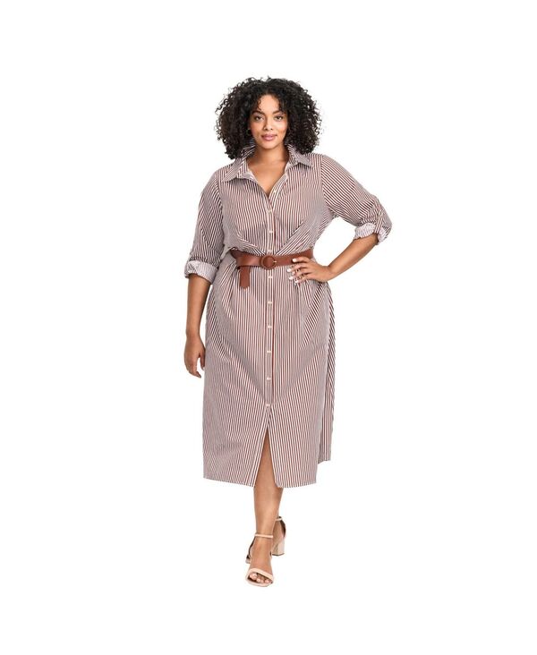 アベニュー レディース トップス ワンピース シャツ AVENUE Women's Leona Stripe Shirtdress With Belt Masala white ホワイト