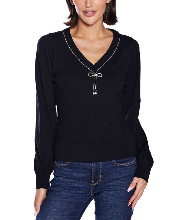 ベルディーニ レディース アウター ニット・セーター Vネック Belldini Women's V-Neck Rhinestone-Bow Sweater Black ブラック