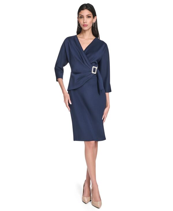 エリザジェイ レディース トップス ワンピース Vネック ドレープ Eliza J Women's V-Neck Side Drape Cocktail Dress Navy ネイビー|ReVida 店