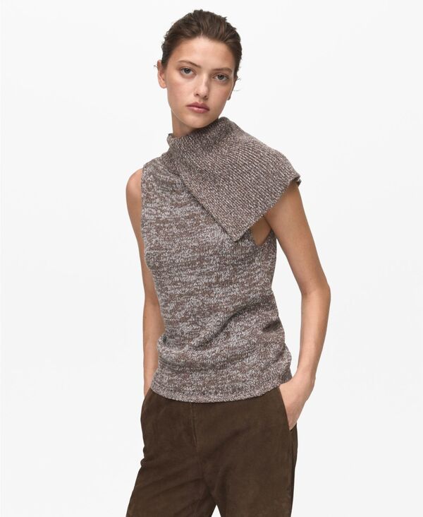 マンゴ レディース トップス ベスト セーター MANGO Women's Mottled Wrap Collar Sweater Vest Light Pastel Gray グレー