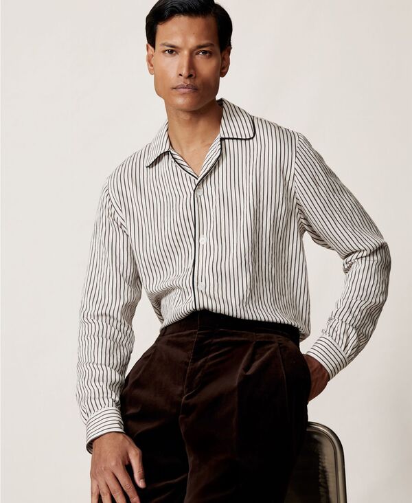 レイス メンズ トップス シャツ REISS Men'stripe Cuban-Collar Piped Shirt White Brown ホワイト