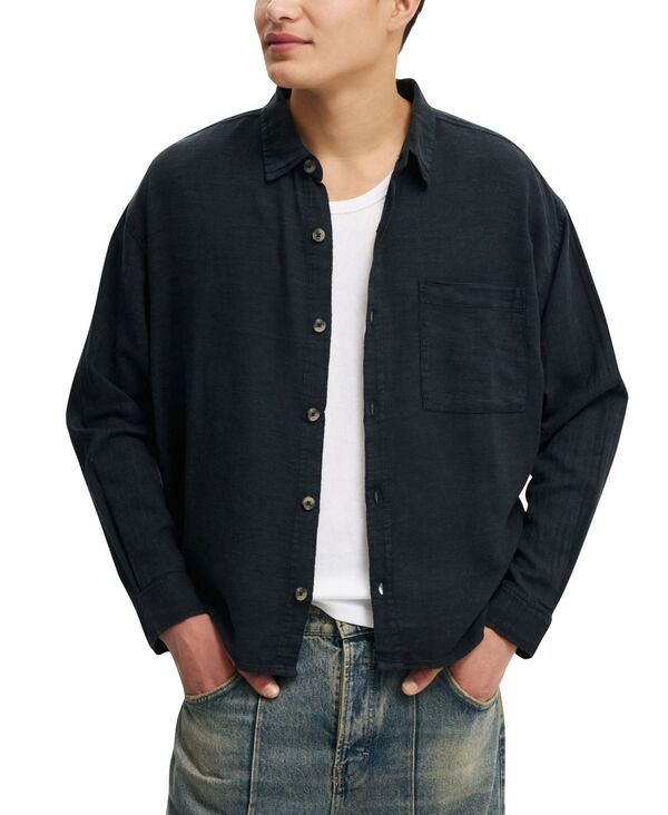 コットンオン メンズ トップス シャツ 長袖 COTTON Men's Washed Long-Sleeve Shirt Black ブラック