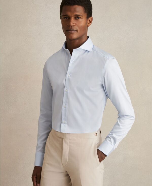 レイス メンズ トップス シャツ コットン REISS Men's Cotton-Twill Two-Fold Slim-Fit Shirt Soft Blue ブルー｜ReVida 店