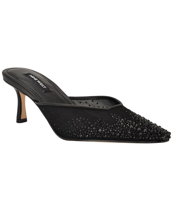 ナインウェスト レディース シューズ パンプス ヒール Nine West Women's Camenla Snip Toe Kitten Heel Mules Black Rhinestone Mesh ブラック