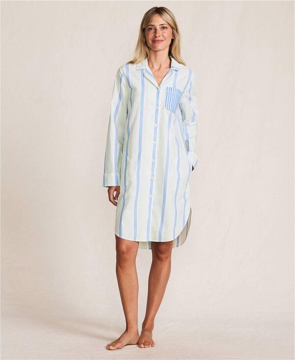 ランズエンド レディース アンダーウェア ナイトウェア シャツ コットン Lands' End Women's Cotton Poplin Long Sleeve Sleepshirt Nightgown Icy mint/muted cobalt stripe コバルト|ReVida 店