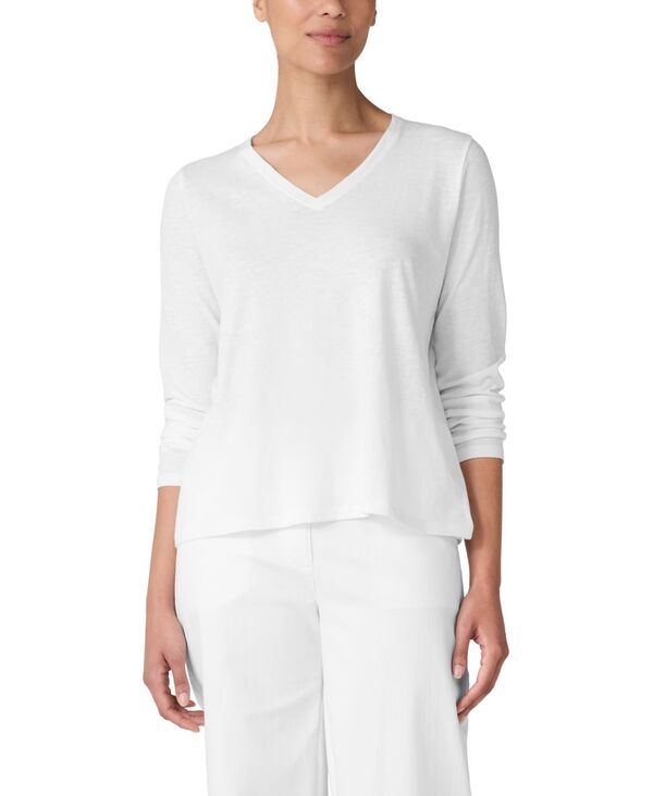 エイリーンフィッシャー レディース トップス シャツ Vネック 長袖 Eileen Fisher Women's V-Neck Long-Sleeve T-Shirt White ホワイト|ReVida 店