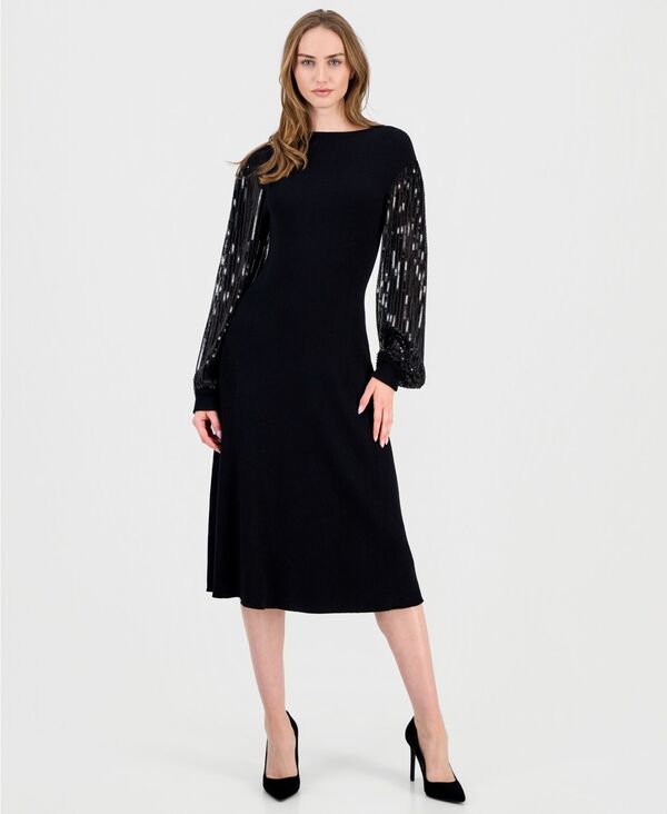 ティー・タハリ レディース トップス ワンピース リブ Tahari Women's Embellished-Sleeve Ribbedress Black / Black Sequin ブラック