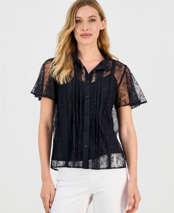 アンクライン レディース トップス シャツ ブラウス レース Anne Klein Women's Flutter-Sleeve Button-Front Lace Blouse Anne Black ブラック