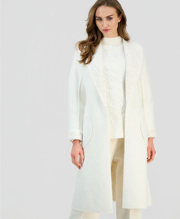 アンクライン レディース アウター ニット・セーター プチ カーディガン Anne Klein Petite Shawl-Collar Kissing-Front Long Cardigan White Dove Hthr ホワイト