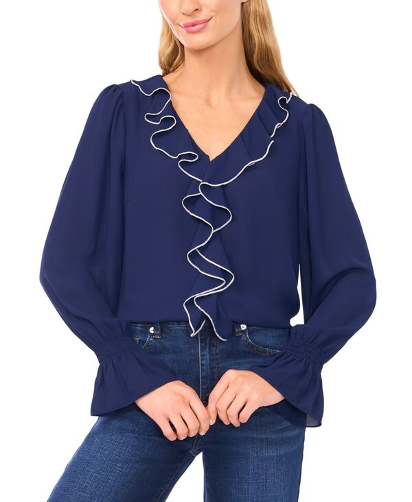 セセ レディース トップス シャツ Vネック フリル CeCe Women's Ruffle V-Neck Top Classic Navy ネイビー|ReVida 店