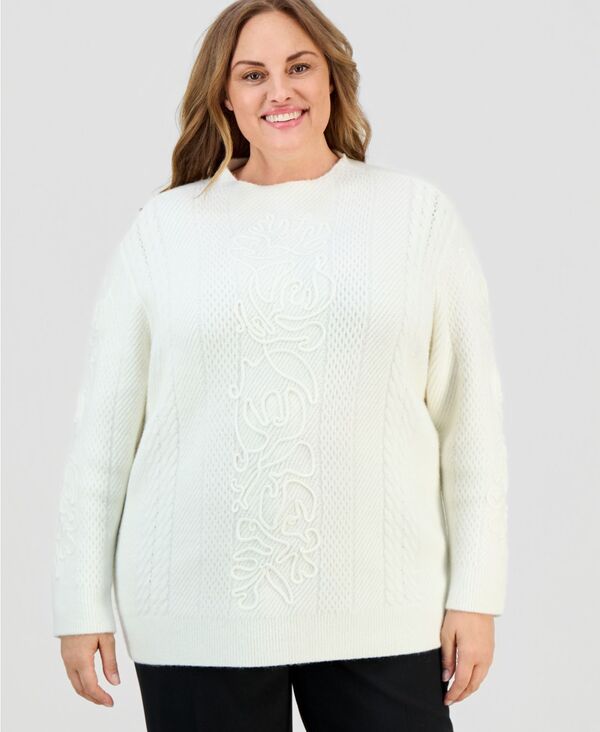 アンクライン レディース アウター ニット・セーター プラスサイズ 刺繍 Anne Klein Plusize Soutachembroidered Sweater White Dove ホワイト