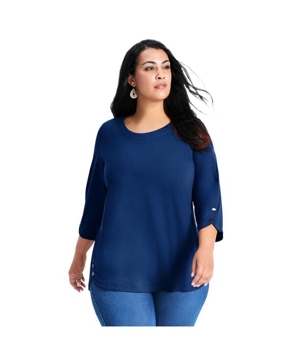 アベニュー レディース トップス シャツ プラスサイズ AVENUE Women's Plusize Sabrina Btn Dtl 3/4 Slv Top Navy ネイビー