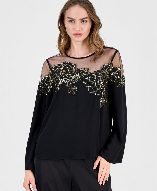 ティー・タハリ レディース トップス シャツ クルーネック フラワー柄 ブラウス フラワー Tahari Women's Crewneck Floral Illusion Blouse Black ブラック
