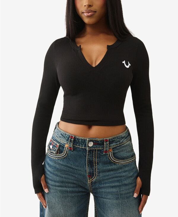 トゥルーレリジョン レディース トップス シャツ True Religion Women's Long Sleeve Seamless V Notch Top Jet Black ブラック