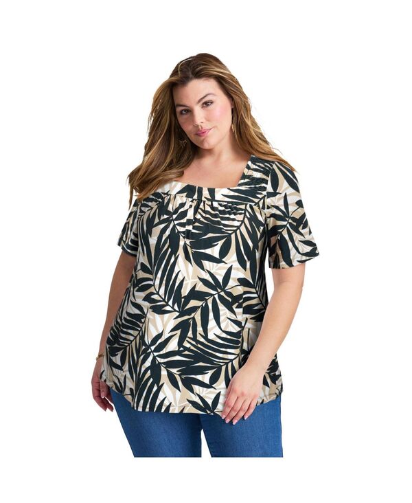 アベニュー レディース トップス シャツ シャーリング AVENUE Women'smocked Squareneck Top Neutral graphic leaves