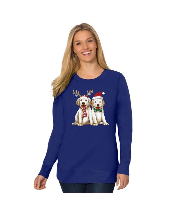 ウーマン ウィズイン レディース アウター パーカー・スウェット プラスサイズ シャツ フリース Woman Within Plusize Fleece Holiday Sweatshirt Evening blue festive dogs ブルー