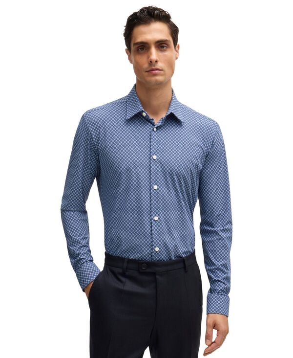 ヒューゴボス メンズ トップス シャツ プリント Hugo Boss Men'slim-Fit Printed Performance Dresshirt Open Blue ブルー
