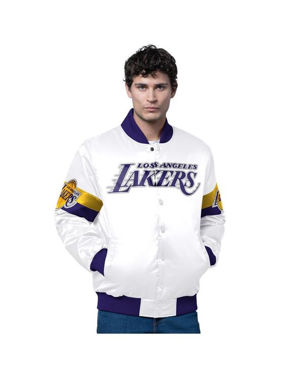 スターター メンズ アウター ジャケット・ブルゾン サテン Starter Men's White Los Angeles Lakers Triple Option Varsity Full-Snap Satin Jacket White Purple ホワイト