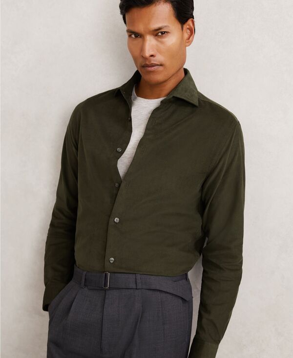 レイス メンズ トップス プルオーバー コール天 綿織物 REISS Men\u0027s Cotton Corduroy Cutaway-Collar Shirt Dark Green 緑であること