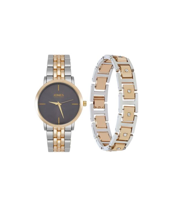 ジョーンズニューヨーク メンズ アクセサリー 腕時計 Jones New York Men's Analog Two Tone Metalloy Bracelet Watch 42mm and Bracelet Set Black Gold Silver ブラック