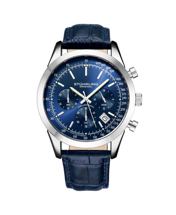 ストゥーリング レディース アクセサリー 腕時計 Tシャツ レザー Stuhrling Rialto 3975L Men s Chronograph Watch Quartz Movement 44mm Stainlessteel Case Leather Strap Blue ブルー｜ReVida 店 23,532円