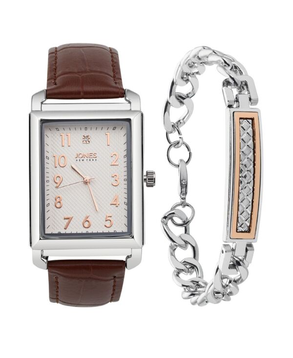 ジョーンズニューヨーク メンズ アクセサリー 腕時計 レザー Jones New York Men's Analog Brown Croc Leather Strap Watch 33mm Bracelet Gift Set Silver Brown ブラウン｜ReVida 店