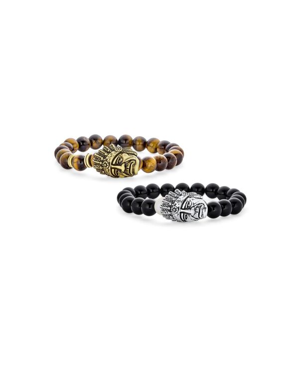 ブリング レディース アクセサリー ブレスレット・バングル・アンクレット Bling Jewelry Set of 2 Indian Chieface Bead Stretch Bracelets with Onyx and Tiger Eye Black brown ブラック