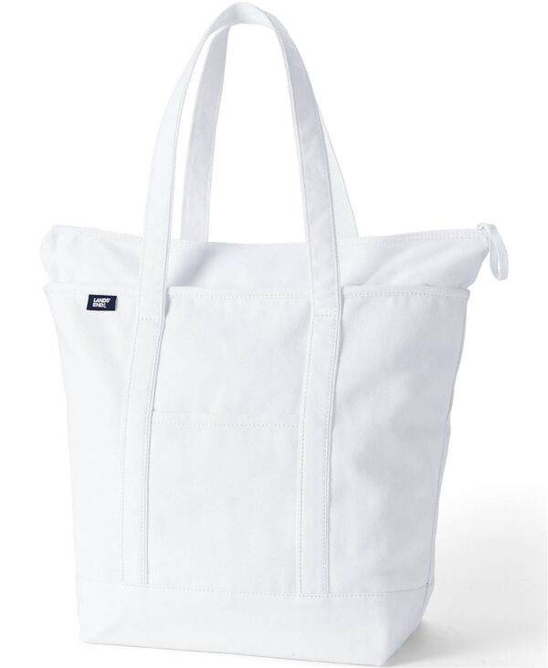 ランズエンド レディース バッグ Lands' End Large Solid Color 5 Pocket Zip Top Long Handle Canvas Tote Bag White ホワイト