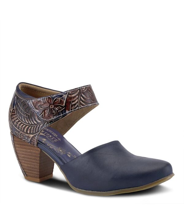 ラリティステ レディース シューズ パンプス レザー ヒール L'Artiste Women's Toolie Hand-Painted Leather D'Orsay Mary Jane Heels Hook-and-Loop Strapadded Collar and Tooled Stacked Heel Blue ブルー
