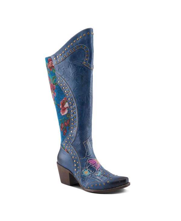 ラリティステ レディース シューズ ブーツ・レインブーツ フラワー柄 トール ベルベット フラワー L'Artiste Women's Mallorie Hand-Painted Cowboy Boots with Floral and Butterfly Shaft Snip Toe and Velvet Lining Western-Inspired Tall Boots Blue ブルー