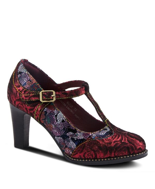 ラリティステ レディース シューズ パンプス フラワー柄 トール レザー フラワー ヒール L'Artiste Women s Mazie Closed-Toe T-Strap Heels in Floral Metallic and Mosaic Leather with Decorative Buckle and Stacked Heel Bordeaux multi マルチカラー