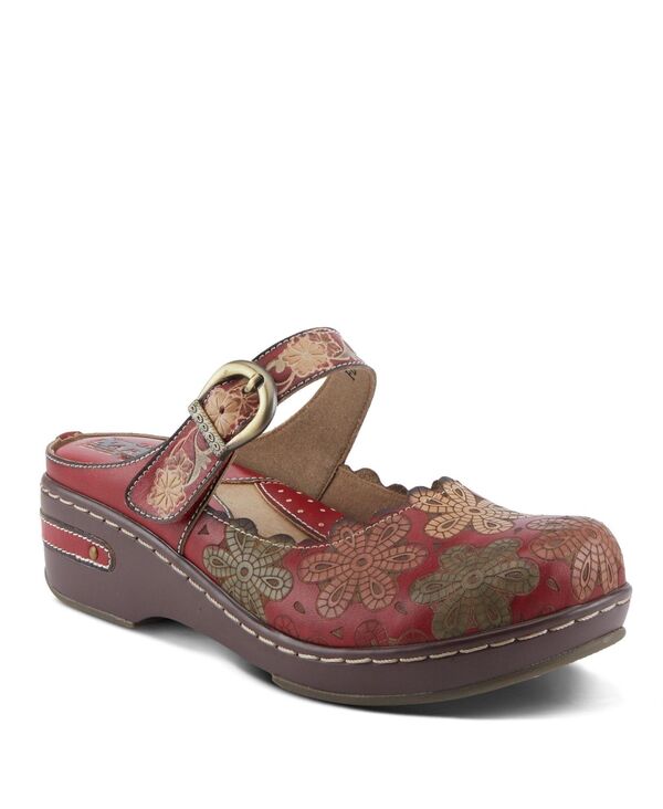 ラリティステ レディース シューズ サンダル フラワー柄 プラスサイズ スエード アンクル レザー フラワー L'Artiste Women's Flochino Leather Clogs with Floral Ankle Strap Scallopedges Brass Buckles and Plush Microsuede Footbed Comfort Slip-Ons Red multi レッド|ReVida 店