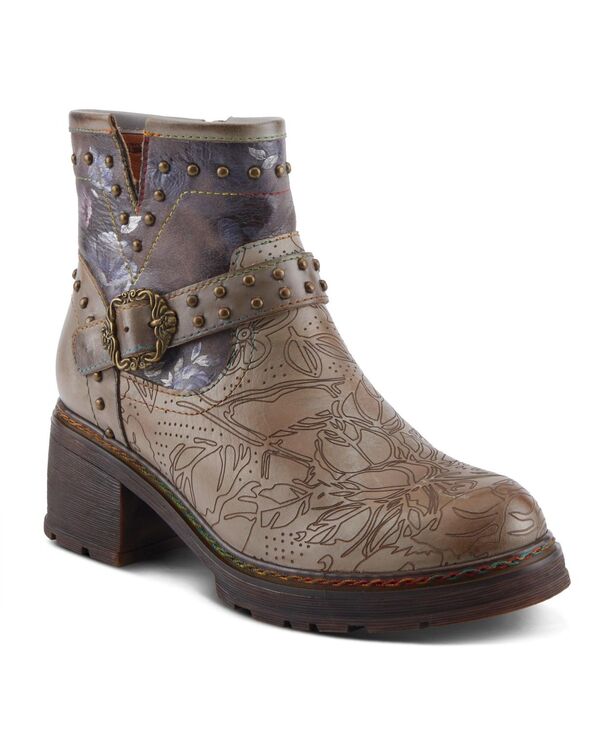 ラリティステ レディース シューズ ブーツ・レインブーツ レザー L'Artiste Women's Branchout Hand-Painted Leather Booties with Etched Botanical Motifstudded Buckle Strap Inside Zipper and Rainbow Stitchingrey multi グレー|ReVida 店