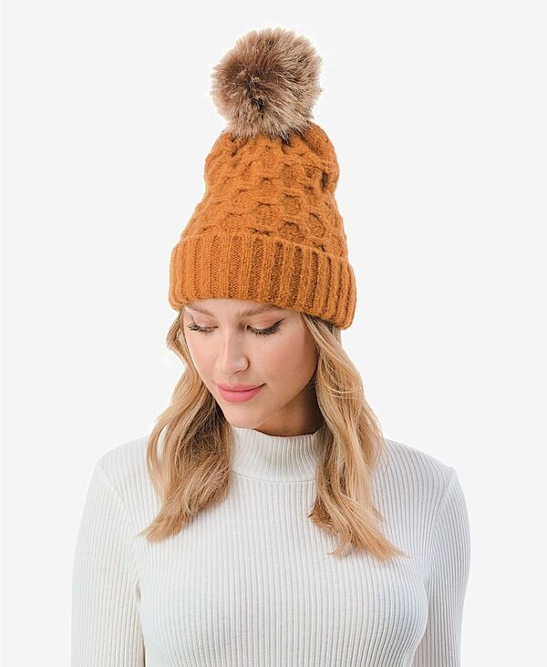マーカスアドレール レディース アクセサリー 帽子 ニット Marcus Adler Women's Cable Knit Pom Beanie with Cuff Brown ブラウン