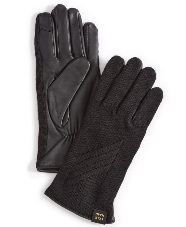 コールハーン レディース アクセサリー 手袋 レザー ニット Cole Haan Women's Rib-Knit Leather-Palm Gloves Caviar