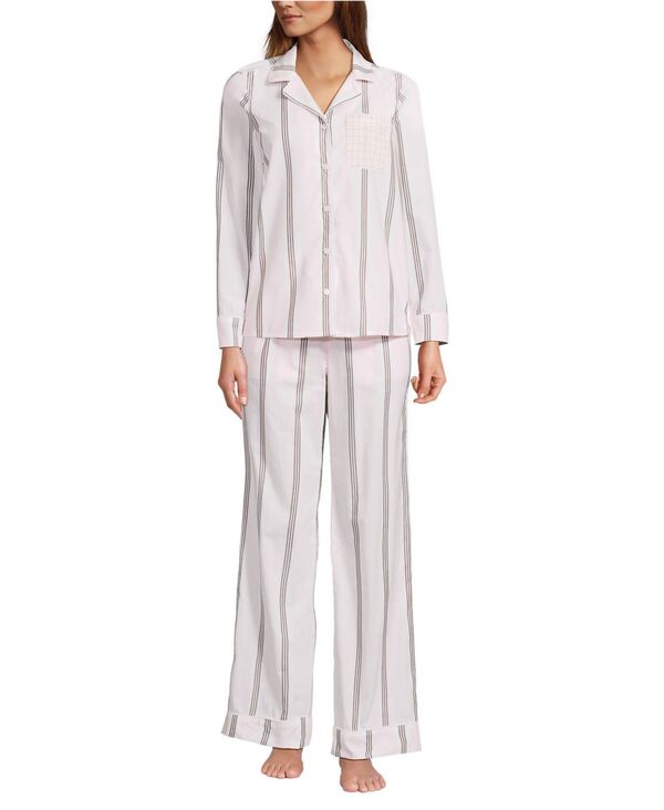 ランズエンド レディース アンダーウェア ナイトウェア パンツ コットン Lands' End Women's Cotton Poplin 2 Piece Pajama Set - Long Sleeve Top and Pantsea salt pink/coffee stripe ピンク｜ReVida 店 14,541円