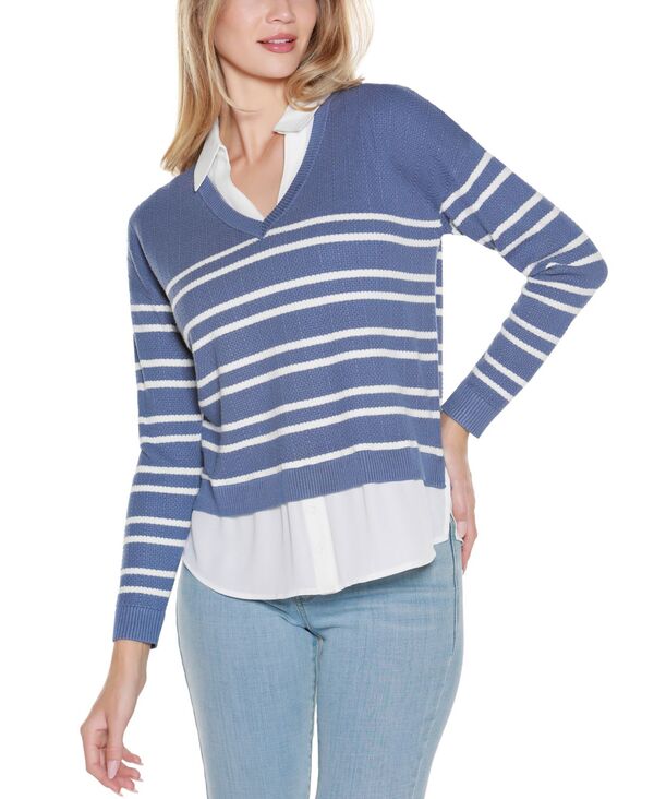 ベルディーニ レディース アウター ニット・セーター Vネック Belldini Women'striped V-Neck Two-Fer Sweater Indigo Coast White ホワイト