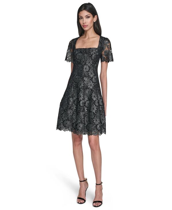 エリザジェイ レディース トップス ワンピース プチ レース Eliza J Petite Square Neck Lace Fit and Flare Dress Black/Silver ブラック