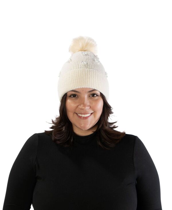 マーカスアドレール レディース アクセサリー 帽子 Marcus Adler Imitation Pearl Flower Pom Beanie Ivory アイボリー