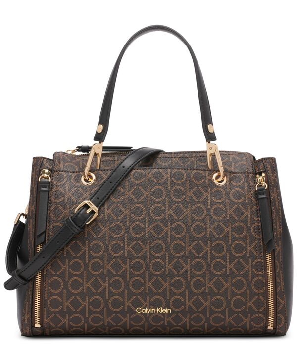 カルバンクライン レディース バッグ Calvin Klein Garnet Signature Triple Compartmentop Zipper Satchel Brown Khaki/Black ブラック
