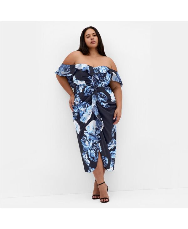 シティーシック レディース トップス ワンピース プラスサイズ プリント CITY CHIC Plusize Gina Print Dress Blue rose ブルー