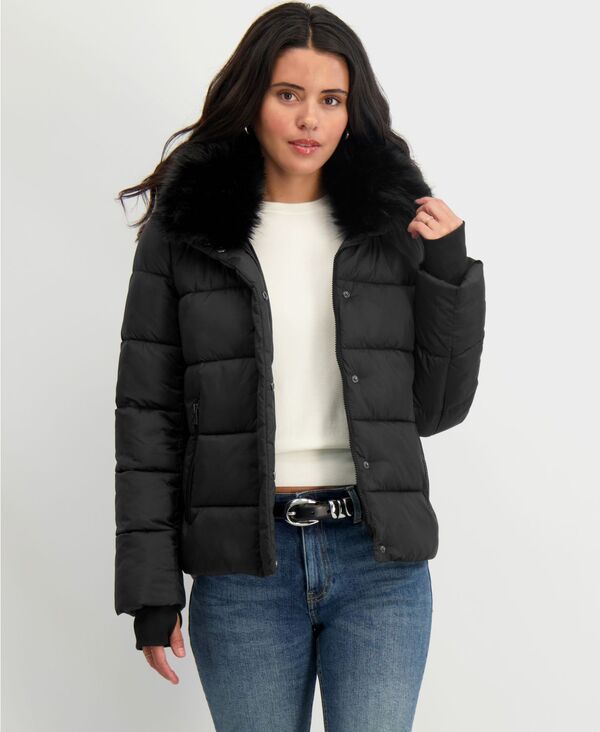 タハリ レディース アウター ジャケット・ブルゾン コート Tahari Women's Faux-Fur-Collar Hooded Puffer Coat Black ブラック