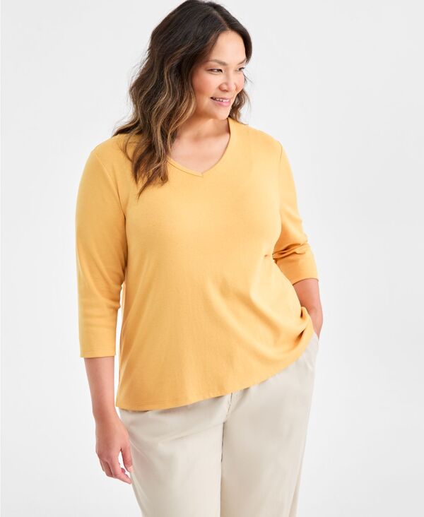 スタイルアンドコー レディース トップス シャツ Vネック コットン Style & Co Women's Cotton 3/4-Sleeve V-Neck Tee XS-4X Saffron Spice